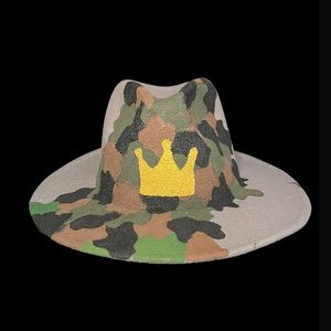 Custom painted camouflage fedora with a gold crown